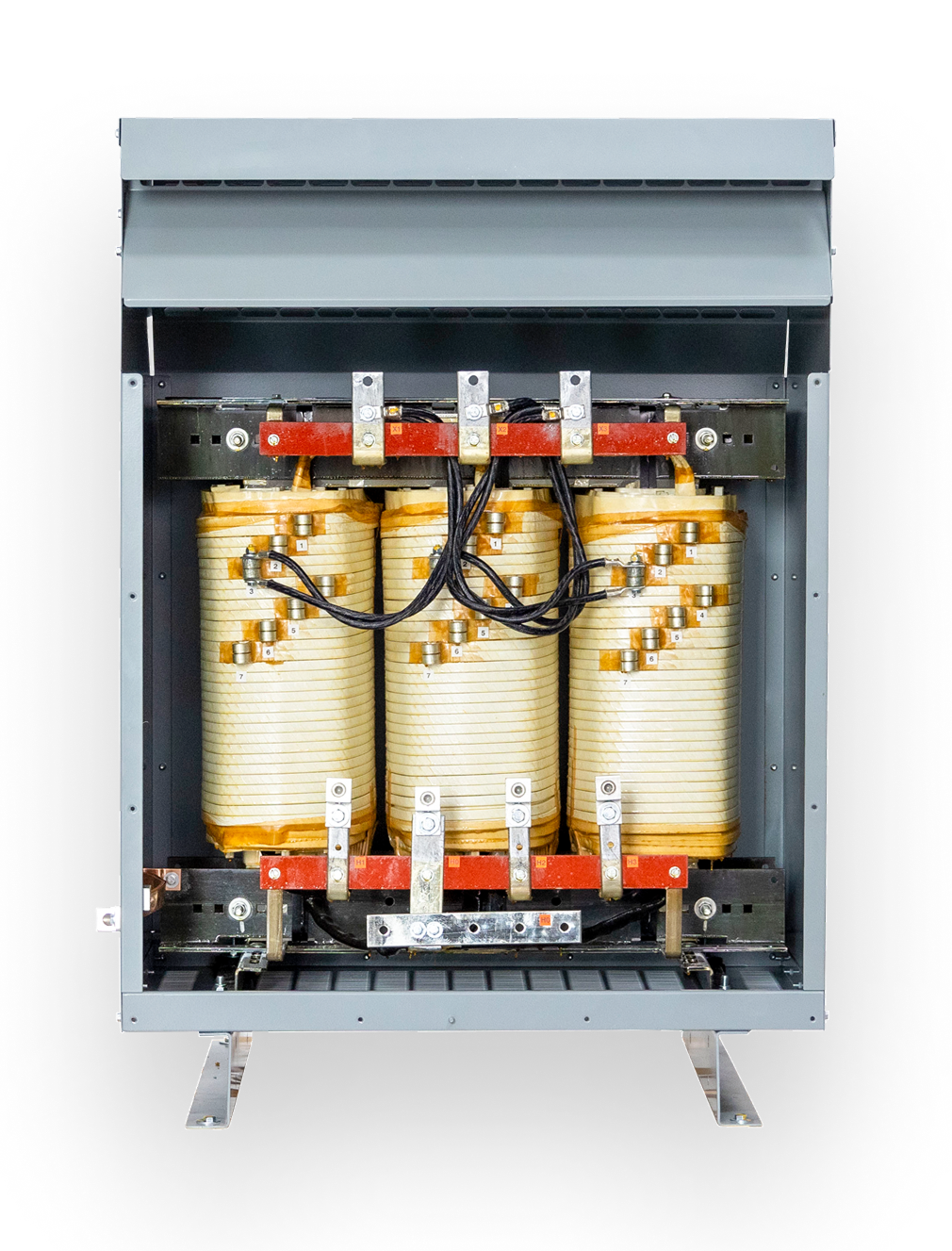 A Maddox low voltage dry-tpe transformer with the cover off showing the core and coils