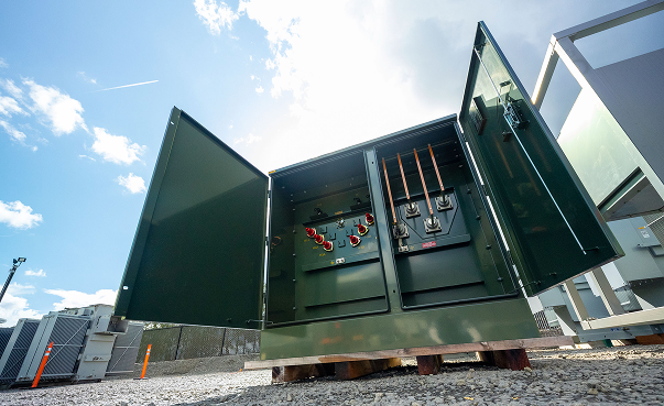 A Maddox padmount transformer with its doors opened