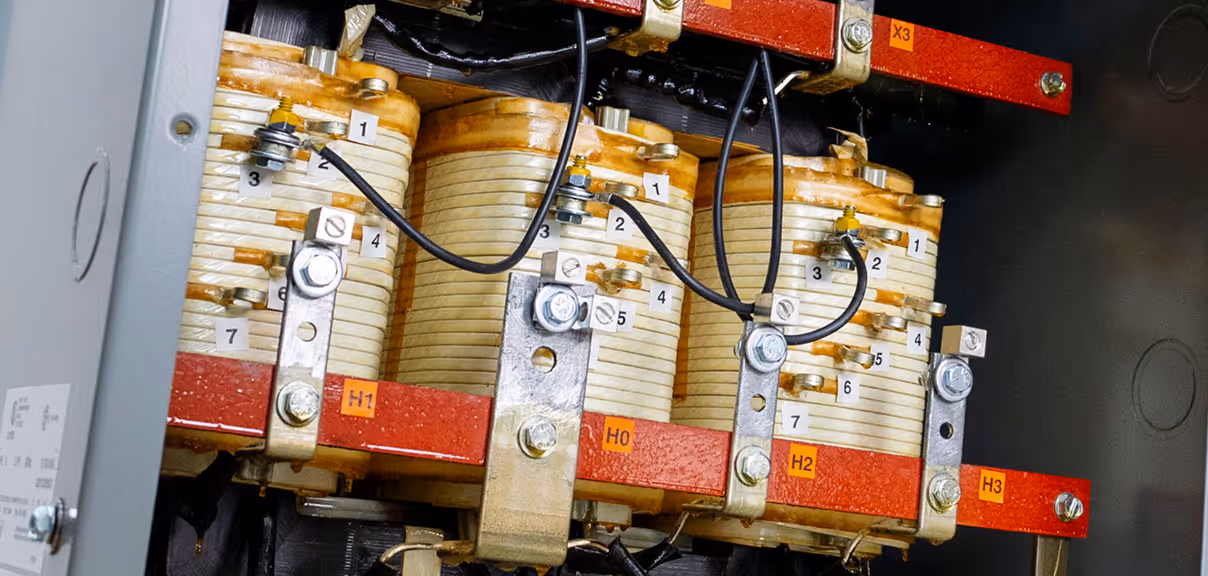The core and coil of a three phase transformer.