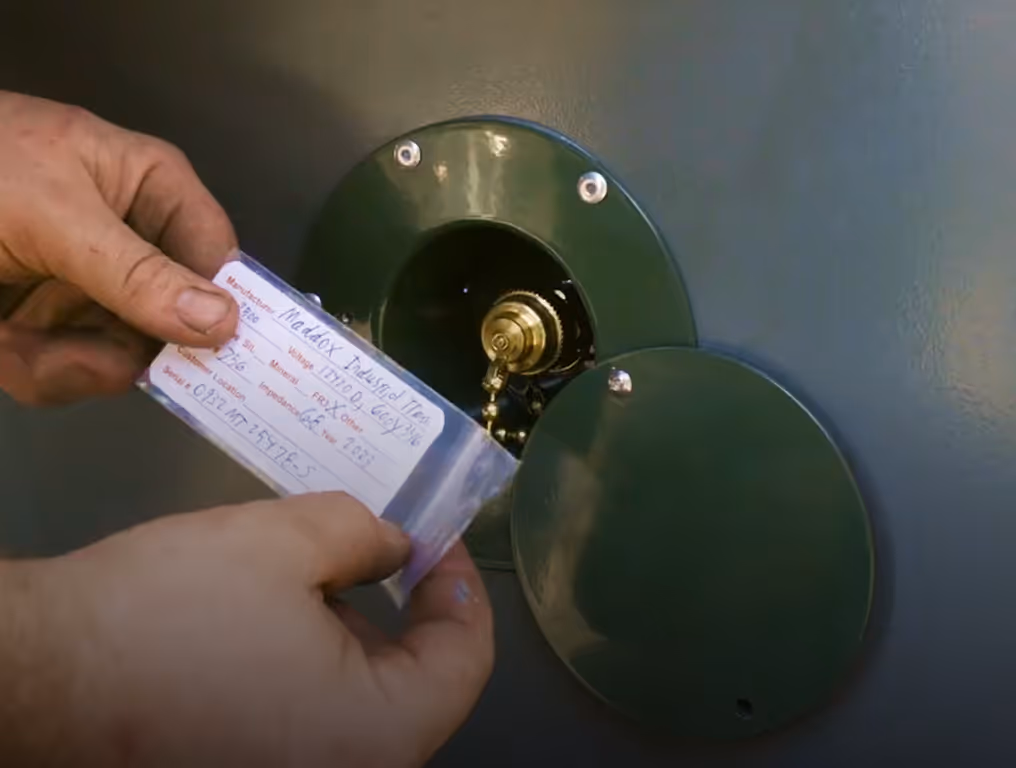 Hands holding a laminated tag next to a green metal circular electrical connector on a wall.