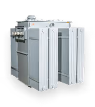 Large grey substation transformer with bushings and radiators