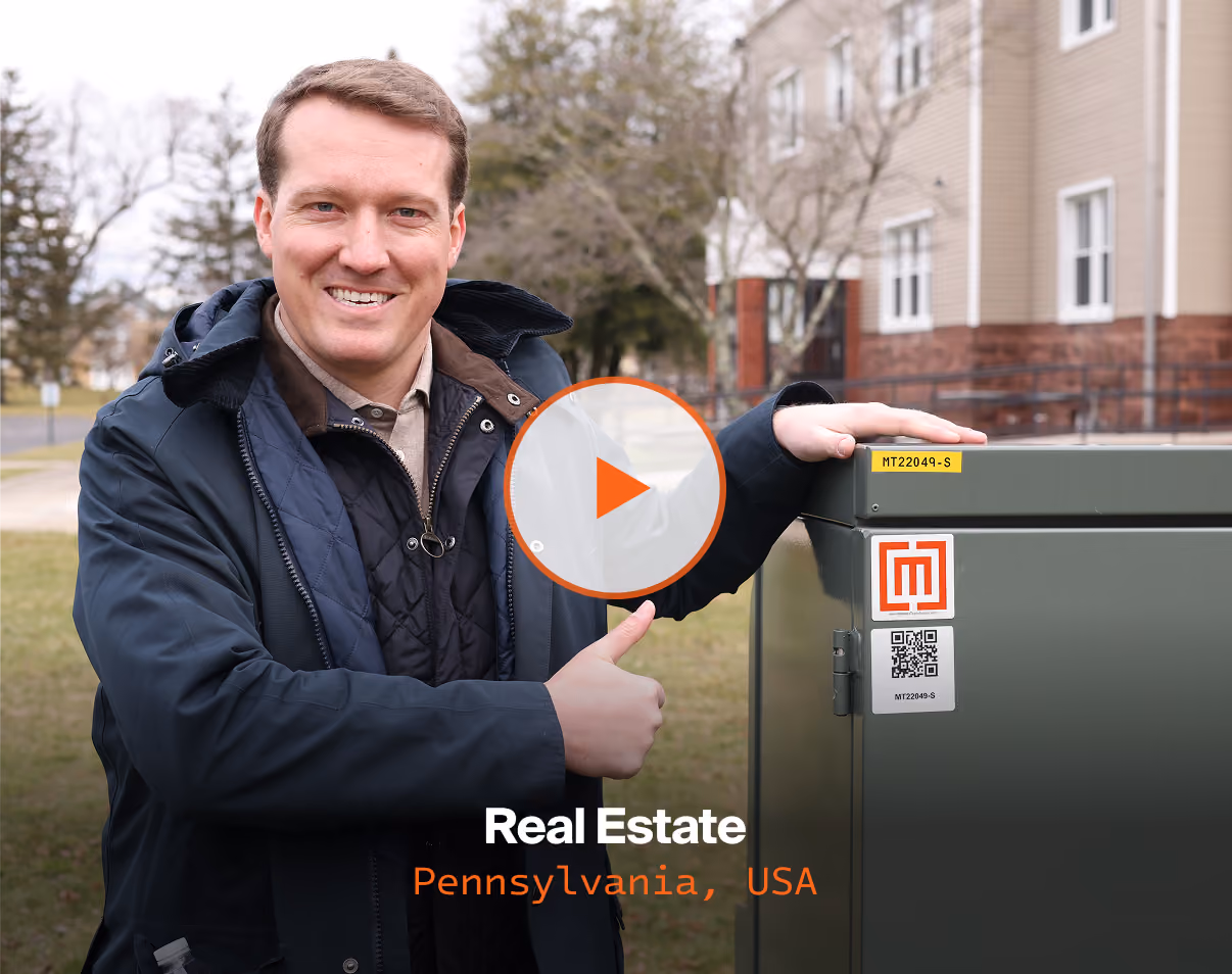 Customer testimonial video thumbnail with play button