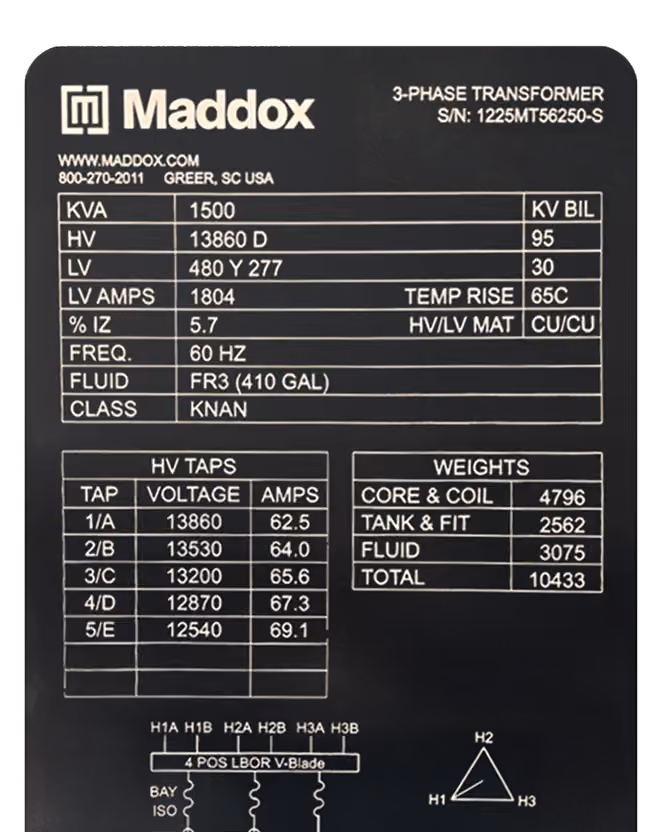 Maddox 3-phase transformer nameplate with specs, taps, weights, and electrical ratings in tabular format.