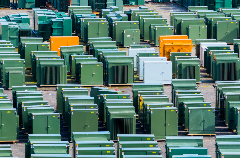Rows of transformers in Maddox inventory yard