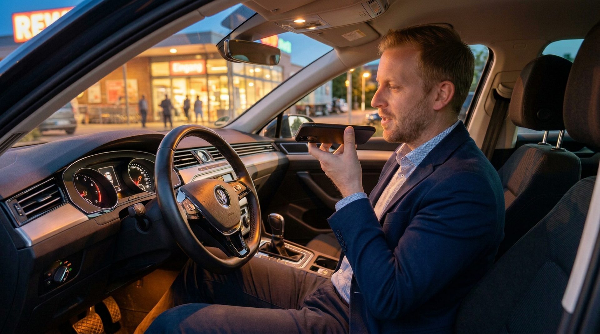 KI im Außendienst am Abend: Vertriebsprofi im Auto bei blauer Stunde, spricht nach dem Kundenbesuch eine Sprachnachricht ins waagerecht gehaltene Handy