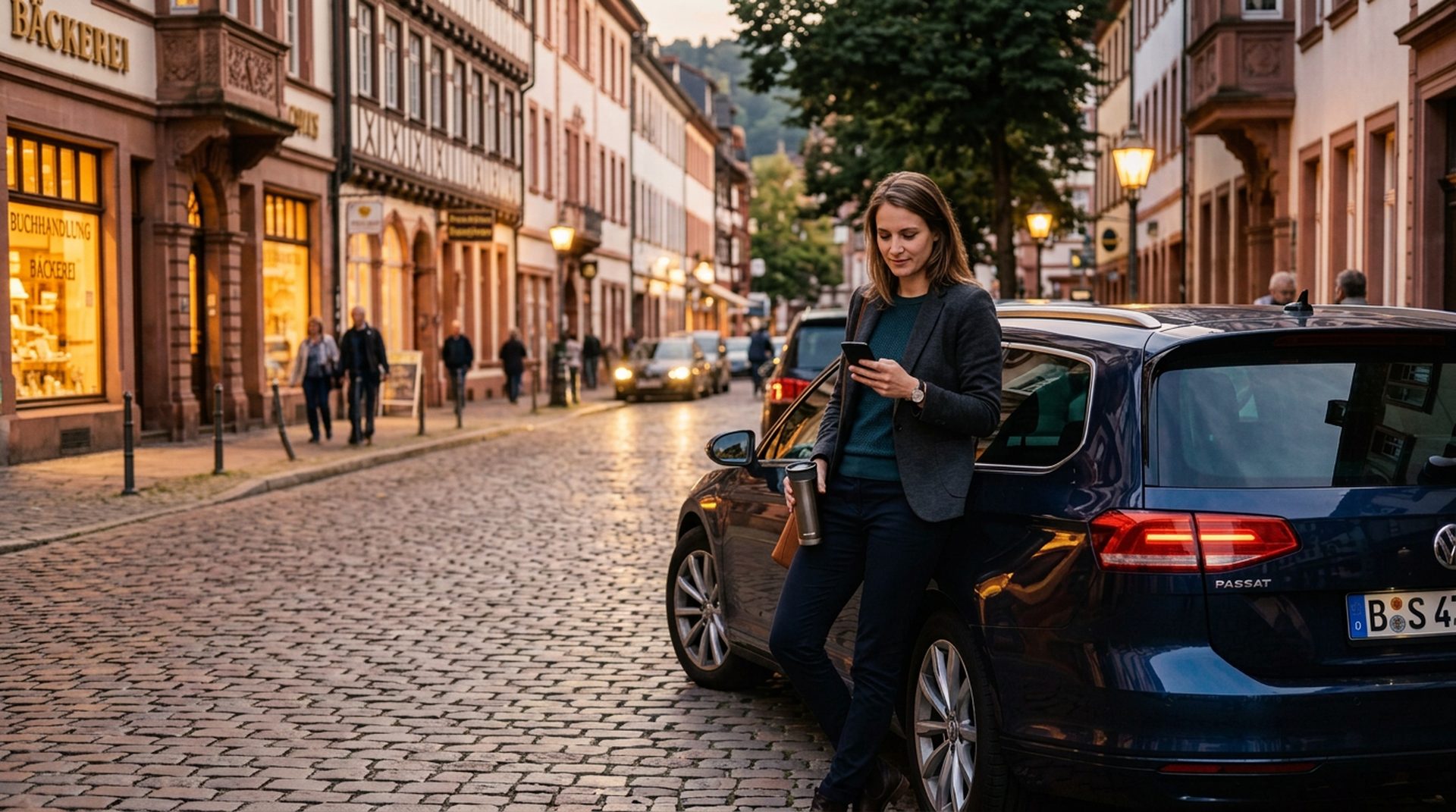 KI im Vertrieb am Abend: Vertriebsprofiin abends in der Innenstadt lehnend am Auto, Thermo-Becher in der Hand, Blick aufs Handy, warmes Strassenlicht