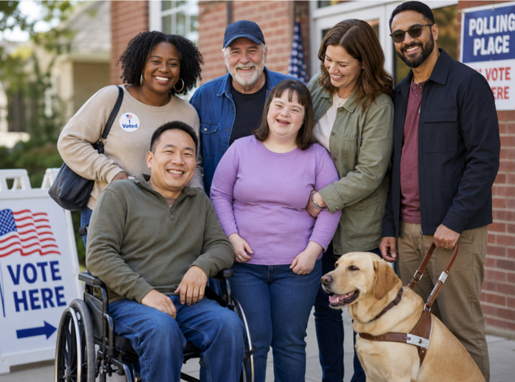 Six people with disabilities outside a voting precinct.
