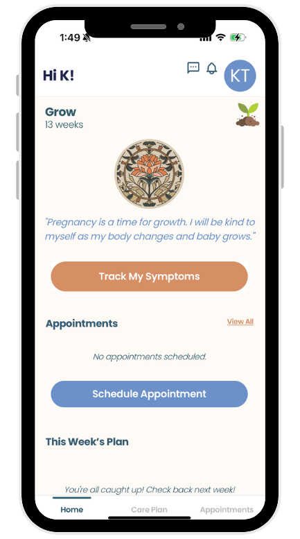 App preview of the complete maternal support and services available using the Cayaba Care app for enrolled members