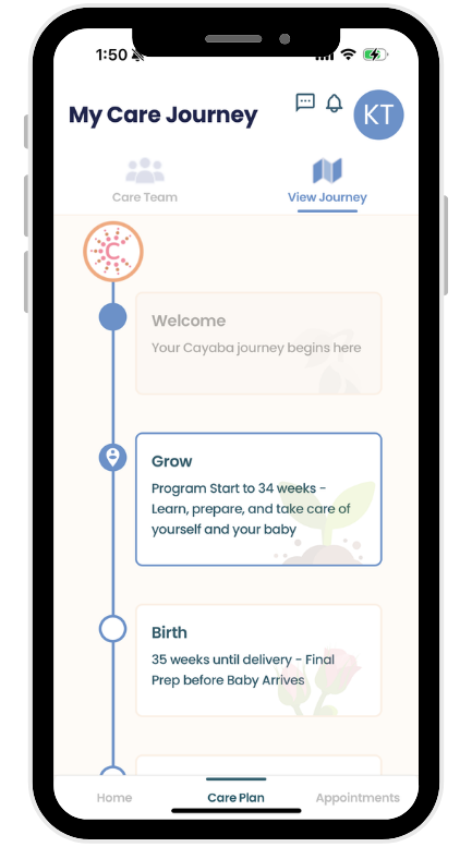 App preview of the complete maternal support and services available using the Cayaba Care app for enrolled members