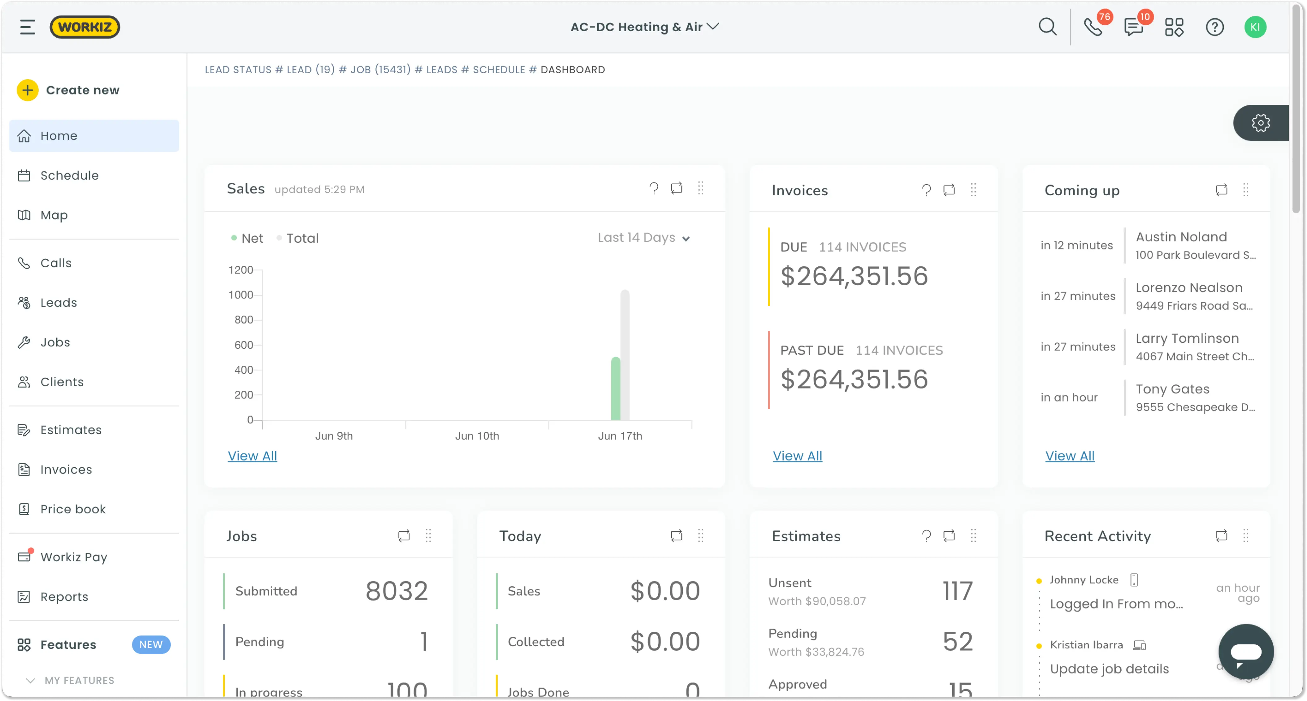 Workiz scheduling and team management dashboard