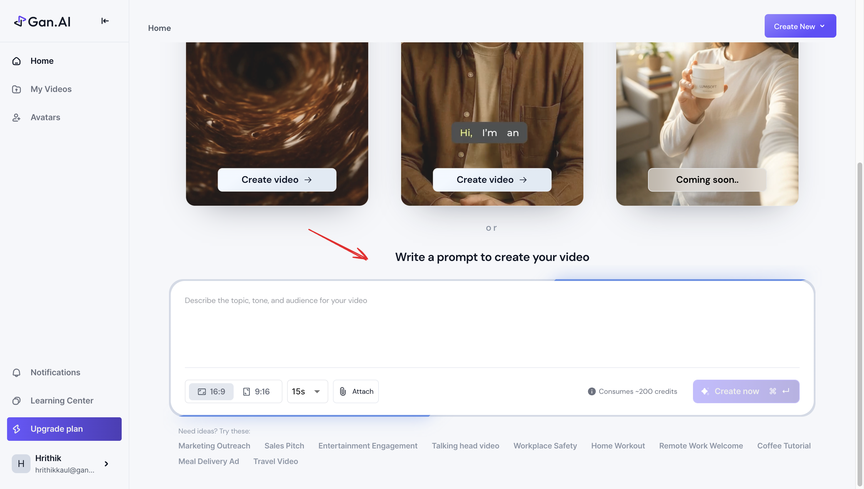 Prompt area to create Youtube Shorts with AI