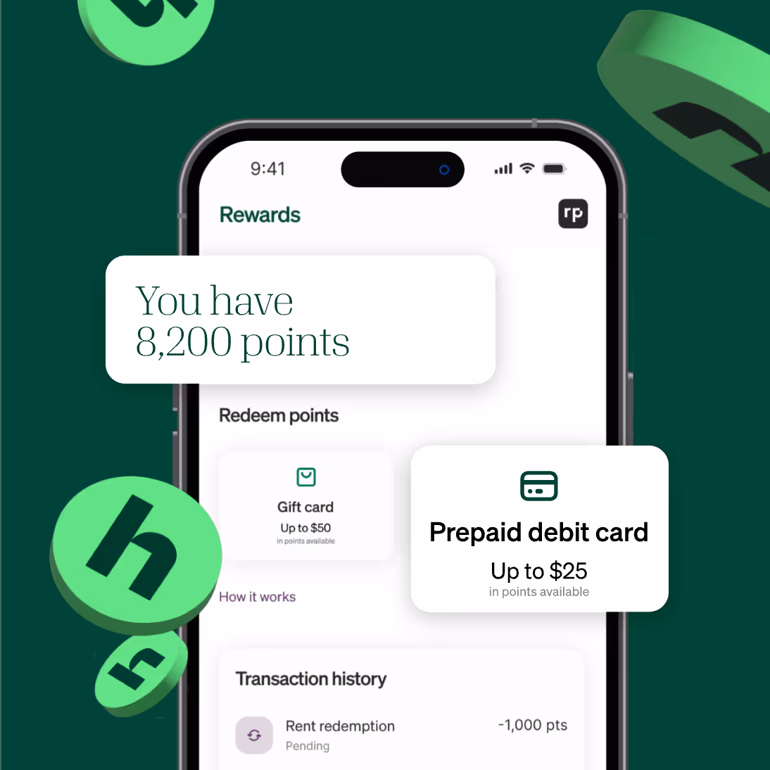 A mobile rewards screen showing points balance and a prepaid debit card redemption option, surrounded by floating green Homebody-branded icons.