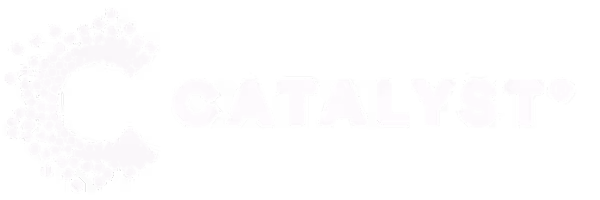 White Catalyst logo with stylized letter C made of scattered dots on black background.