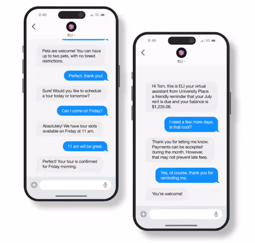 Two smartphone screens showing a chat conversation with a virtual assistant named ELI about scheduling a pet-friendly tour and discussing rent payment reminders.