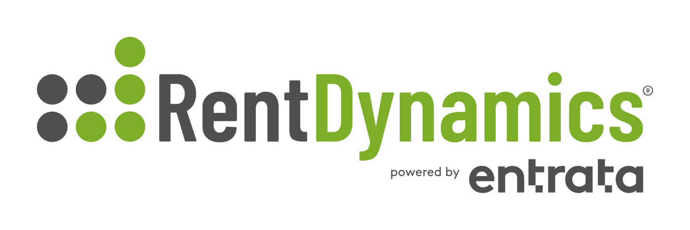 RentDynamics logo with green and gray dots and text, powered by Entrata.