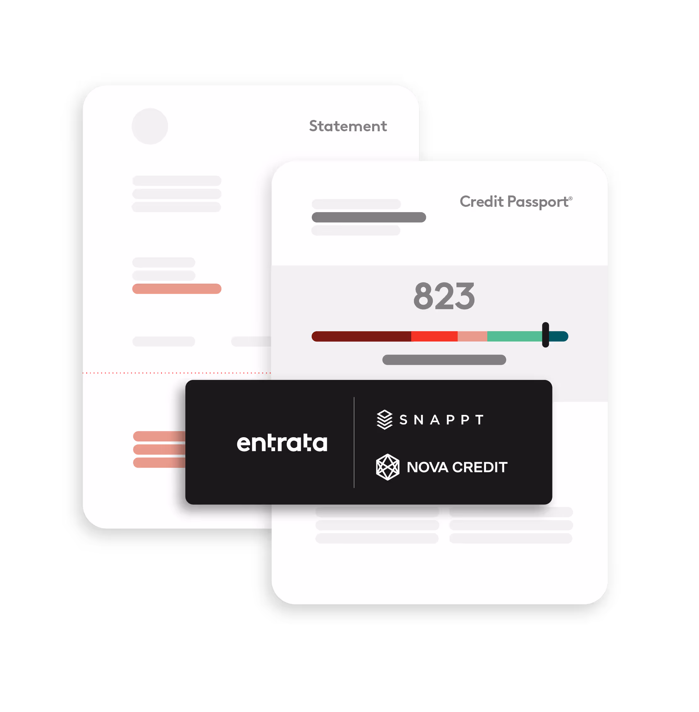 Graphic showing a statement document behind a credit score card displaying a credit score of 823 and a colored score bar, with a black overlay containing logos for Entrata, Snappt, and Nova Credit.