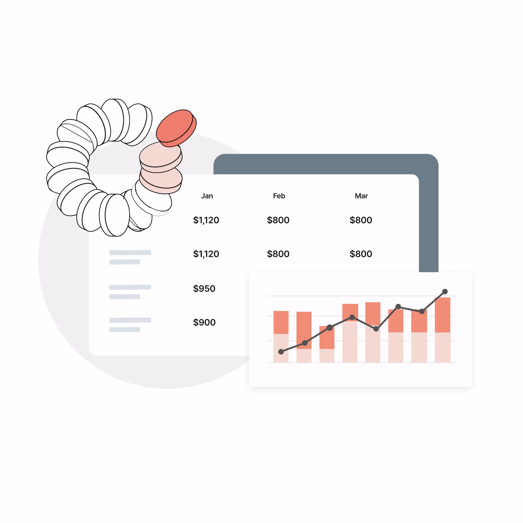 Illustration of financial data with a table showing monthly amounts for January, February, and March, and a bar and line graph indicating trends.