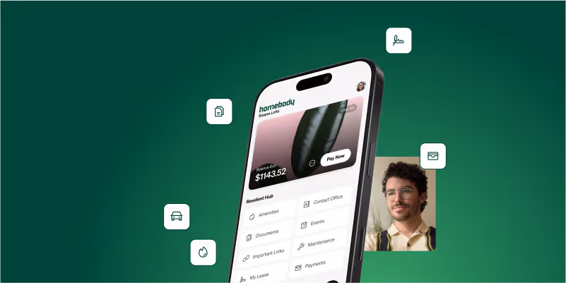 Smartphone screen displaying a 'homebody' app with resident services like amenities, documents, and payments, next to a man's portrait and floating service icons on a green background.