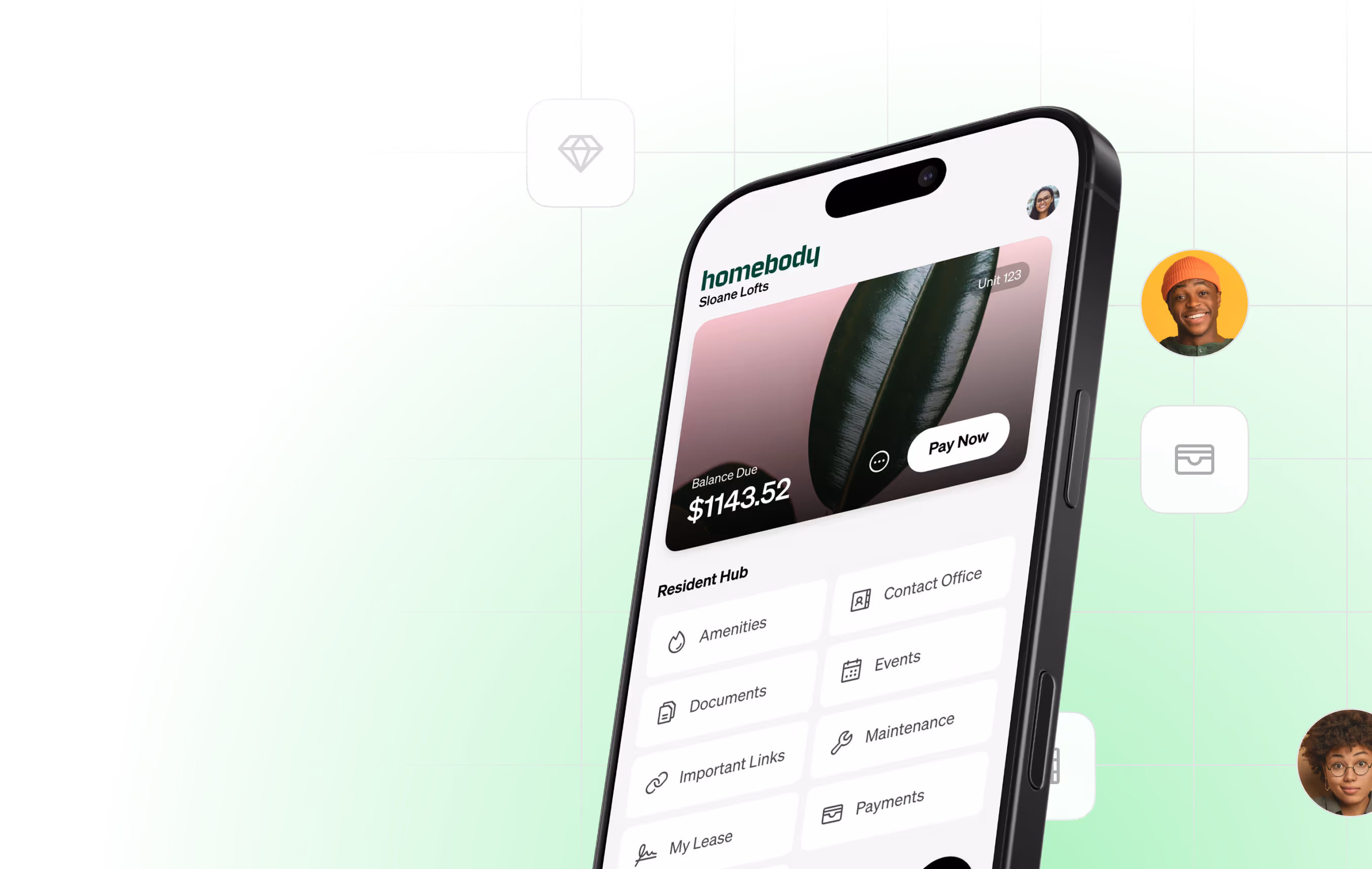 Smartphone screen showing homebody app with a $1143.52 balance due for Sloane Lofts, featuring a Resident Hub menu with options like Amenities, Documents, Events, and Payments.