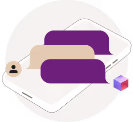 Smartphone screen displaying a chat conversation with purple and beige speech bubbles and a user icon on a beige circular background.