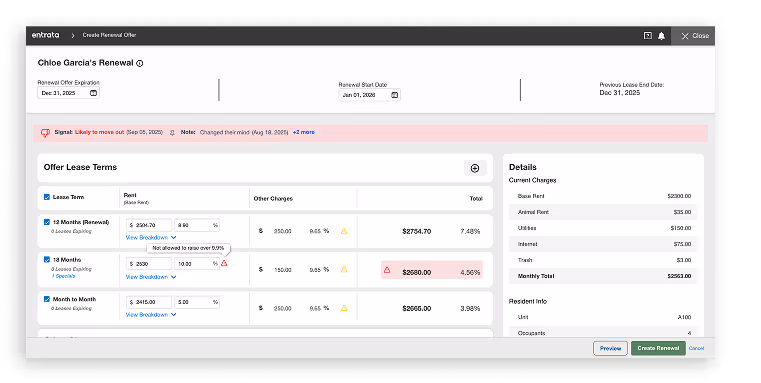 User interface screen showing Chloe Garcia's lease renewal offers with lease terms, monthly totals, and details including charges and resident info.