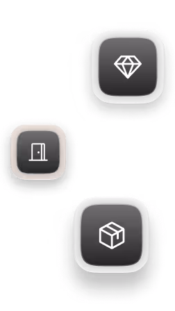 Three dark rounded-square icons with white line illustrations: a door, a diamond, and a package box, each floating with a soft shadow on a black background.