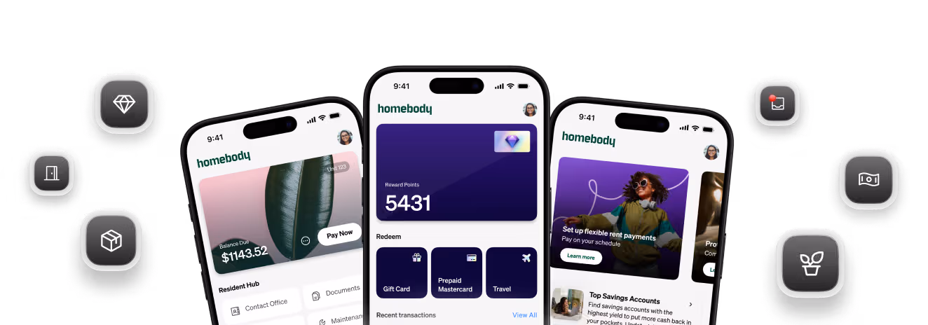 Three mobile screens showing Homebody app features like balance, rewards, rent payments, and savings options.