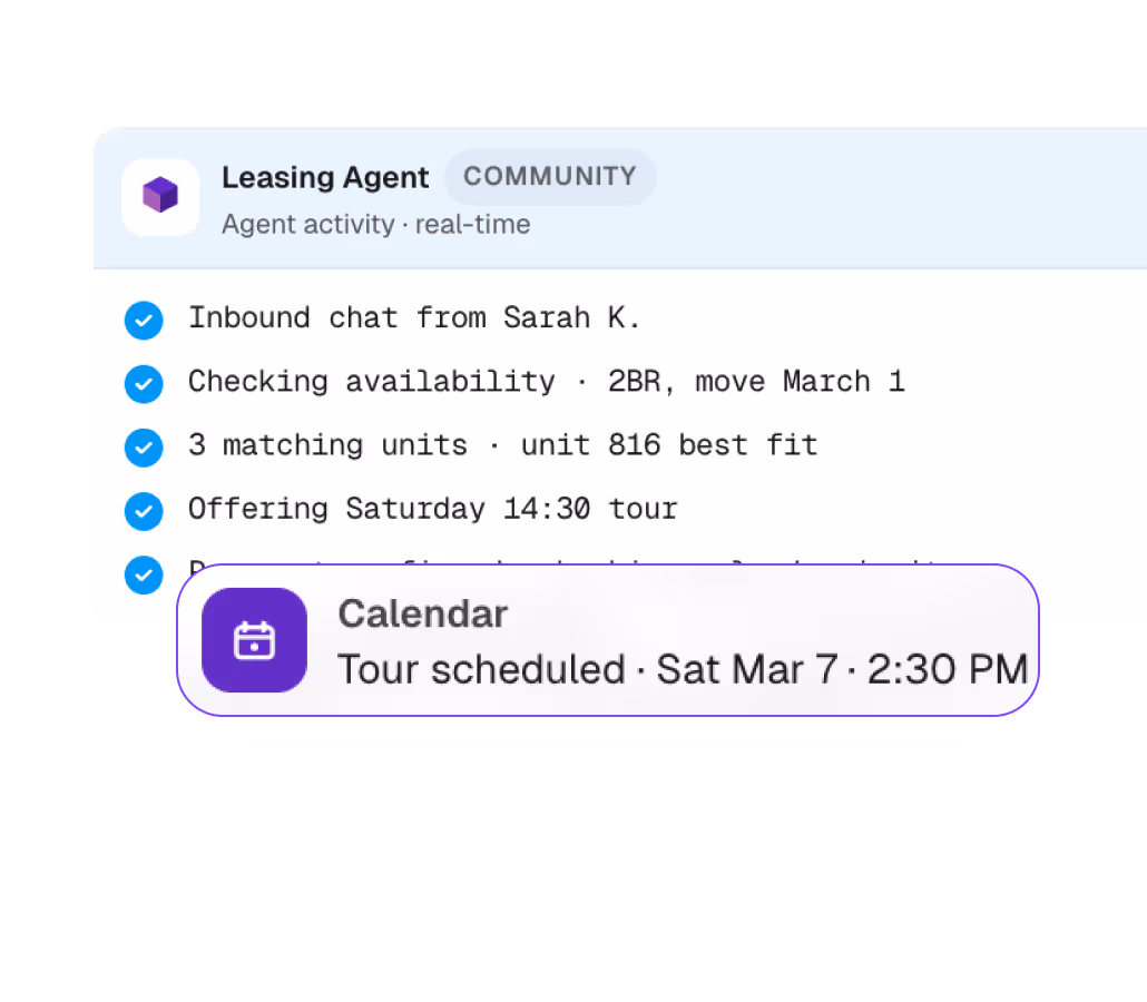 Leasing agent chat shows scheduling a Saturday tour on March 7 at 2:30 PM via calendar notification.