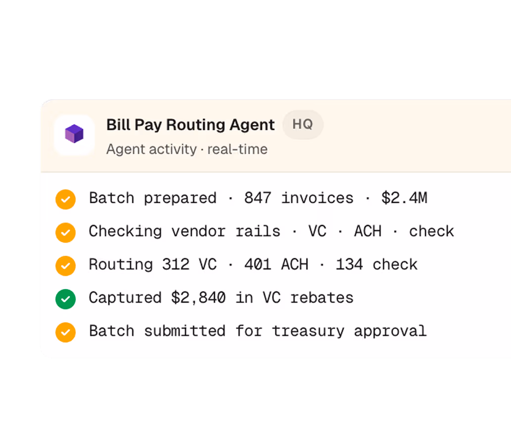 Bill Pay Routing Agent task list showing invoice batch status, vendor checks, routing, rebates, and submission.