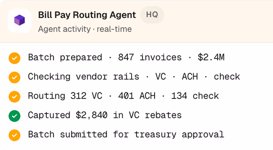 Bill Pay Routing Agent status showing batch prepared with 847 invoices totaling $2.4M and other payment routing steps.