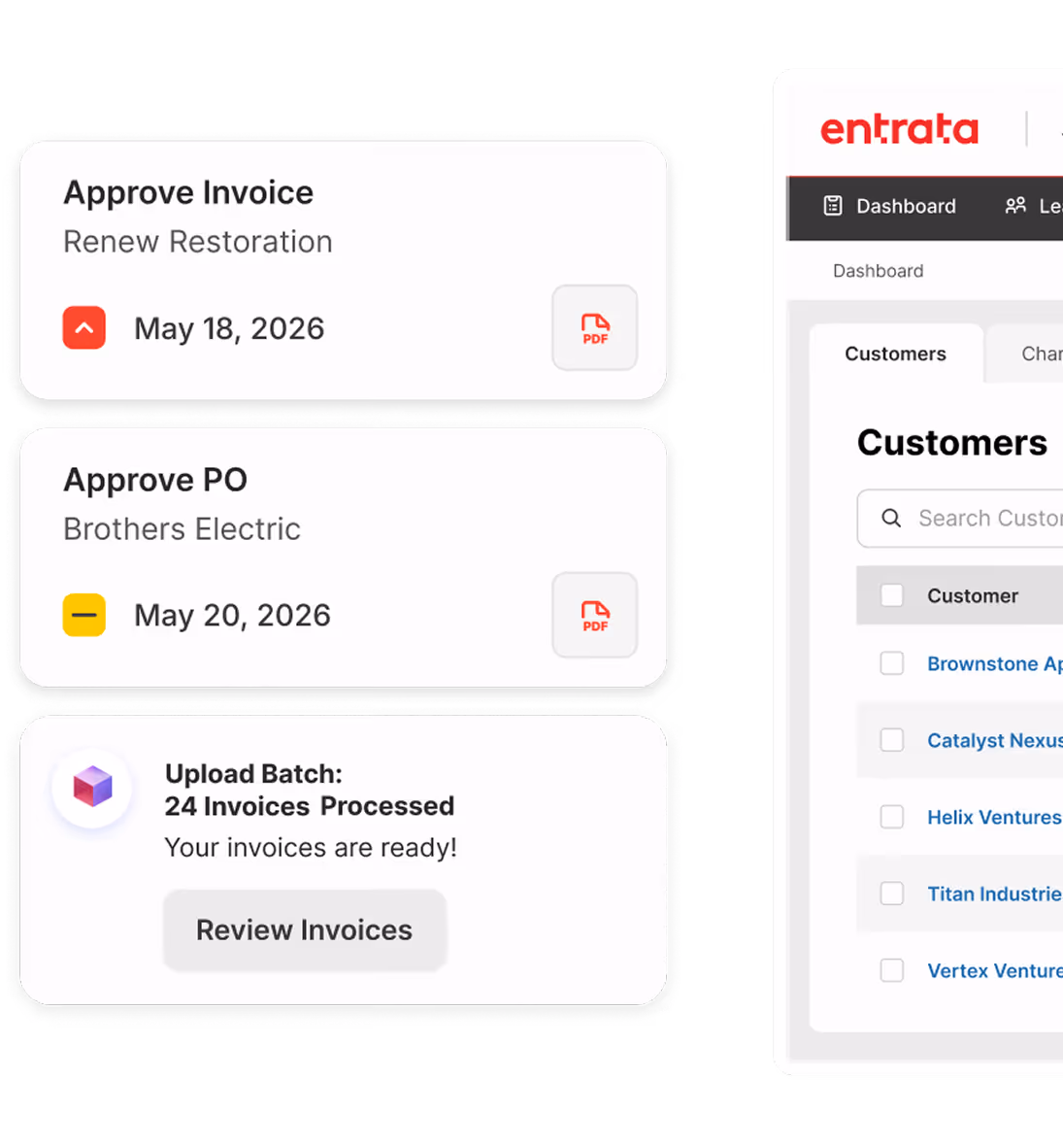Invoice approval and batch upload cards showing dates, project names, and review invoices button.