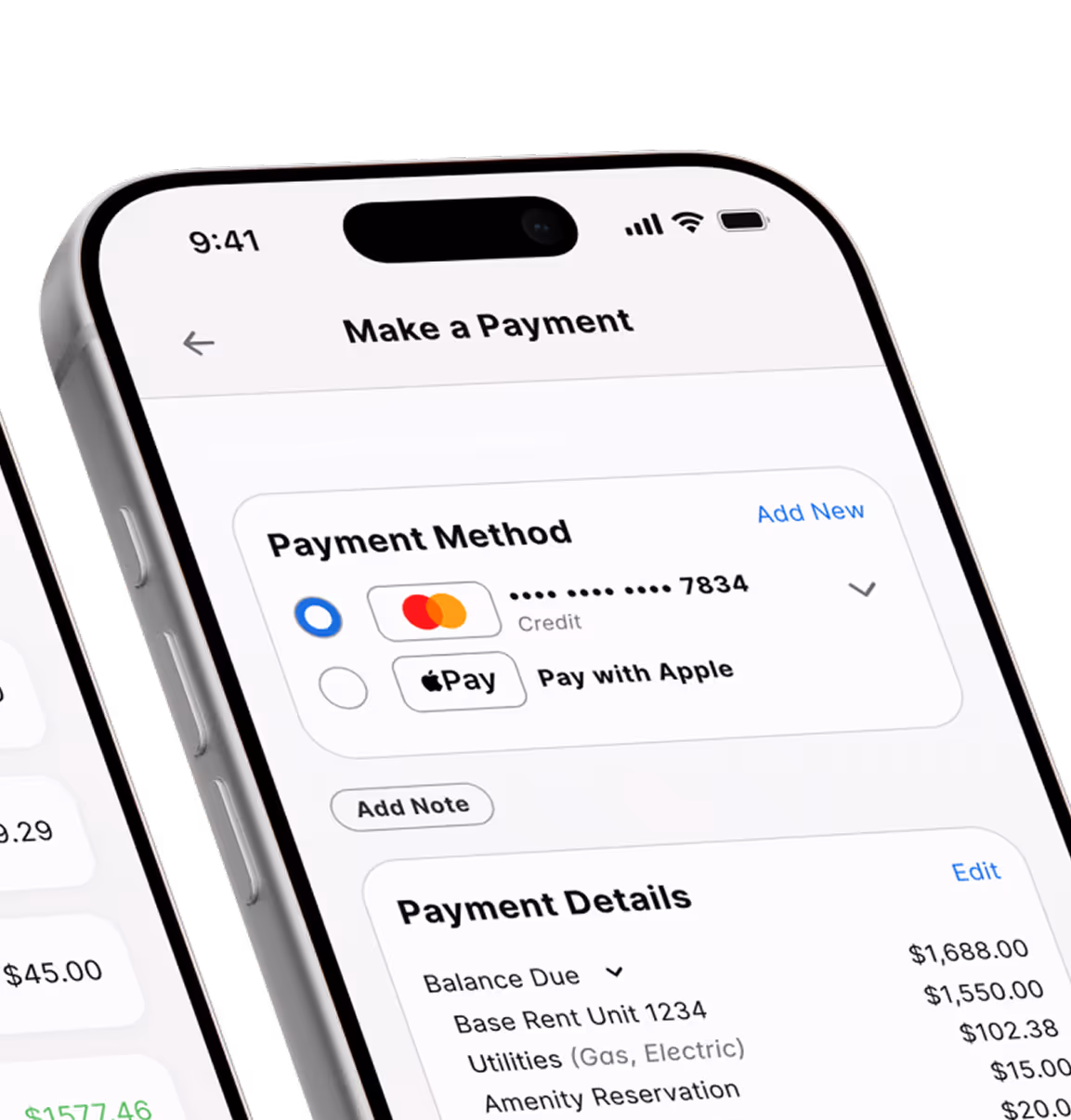 Mobile screen showing payment options with Mastercard and Apple Pay, and payment details with amounts due.