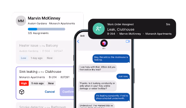 Mobile app interface showing work order assigned for clubhouse sink leak with chat conversation details.