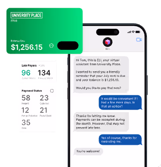 Smartphone screen shows virtual assistant chat reminding about a $1,256.15 payment due July 31.
