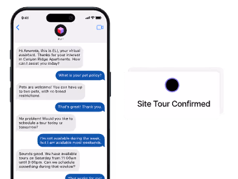 Smartphone screen showing a virtual assistant chat and charts for leads, tours scheduled, and leases signed growth.