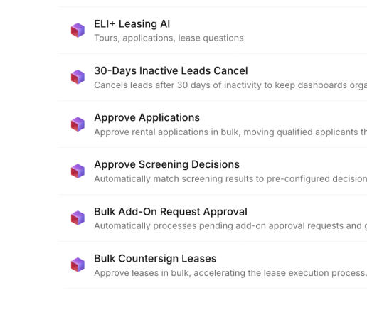List of leasing AI features like cancel inactive leads, approve applications, screening, and bulk lease approvals.