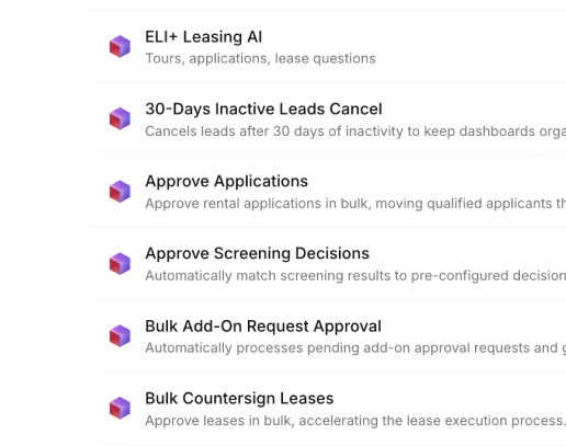 List of AI leasing features including ELI+, lead cancels, application approval, screening, and bulk lease processes.