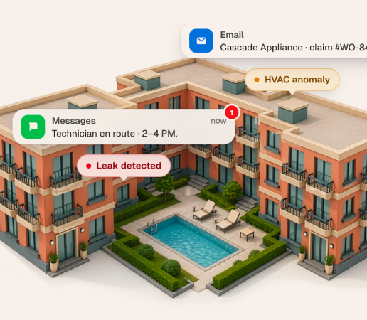 3D model of an apartment complex with notifications for HVAC anomaly, leak detected, and technician en route message.