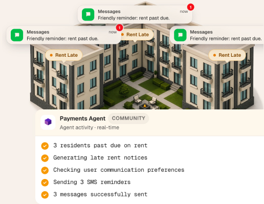 Illustration of apartment building with rent late SMS reminders and a task list from Payments Agent.