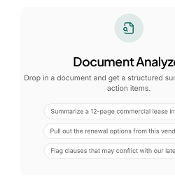 Document analysis tool with options to summarize, pull renewal options, and flag conflicting clauses.