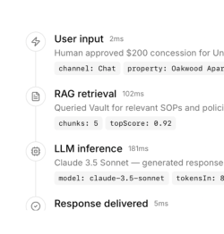 Screenshot showing auditability steps: User input, RAG retrieval, LLM inference, and Response delivered with timing.