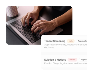 Hands typing on a laptop keyboard with an overlay showing tenant screening and eviction notice status.