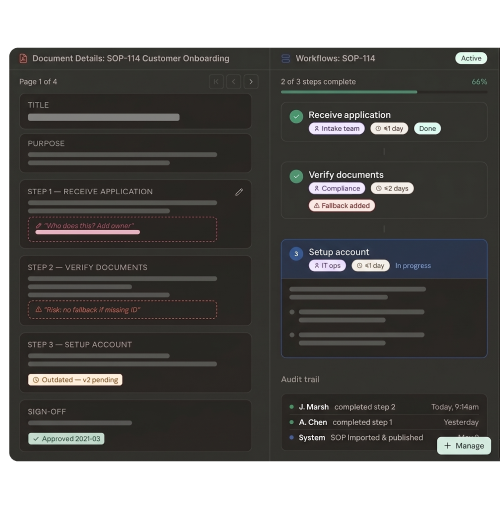 Digital SOP for customer onboarding showing steps: receive application, verify documents, and setup account progress.