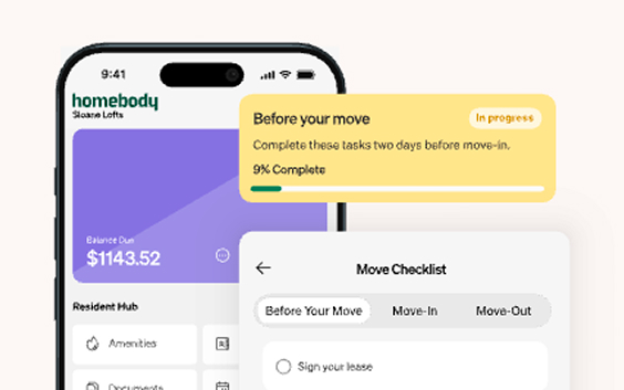 Mobile app screen showing a moving checklist and task progress for before move-in steps.