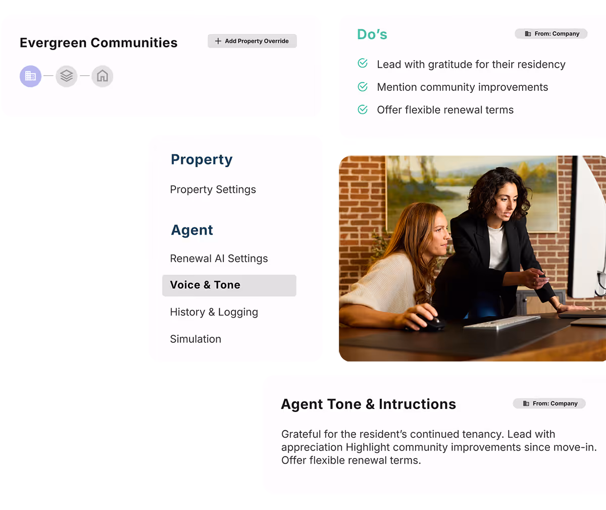 Two women working at a desk with a computer; surrounding text shows property and agent settings with renewal tips.