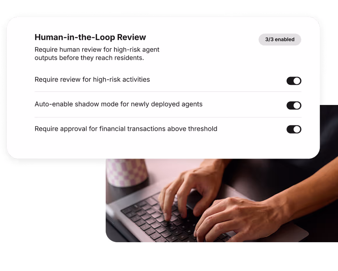 Settings panel titled Human-in-the-Loop Review with toggles enabled for three risk management options.