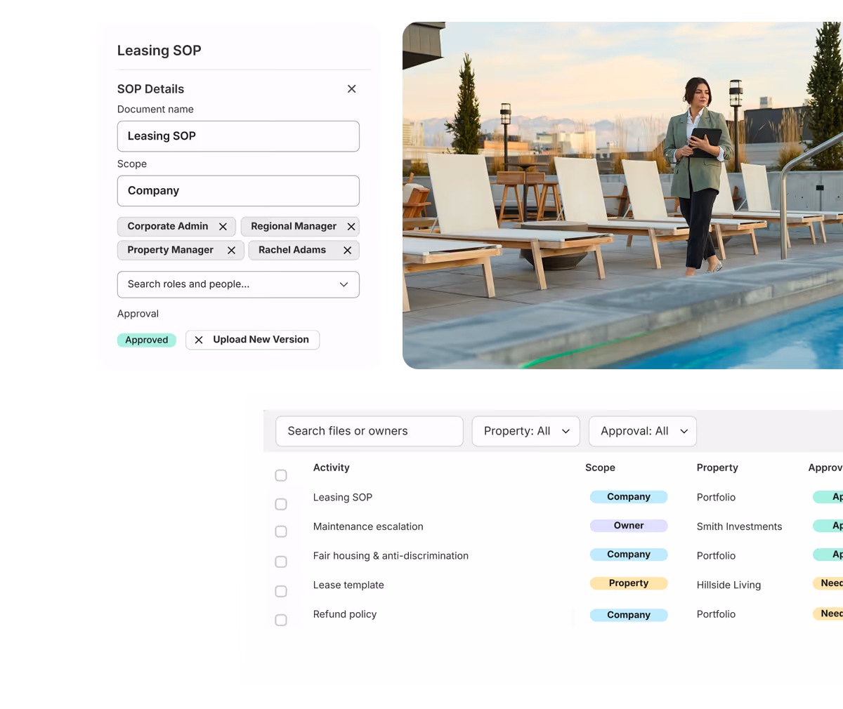 Digital interface showing Leasing SOP details and approval status alongside a woman walking by a pool.