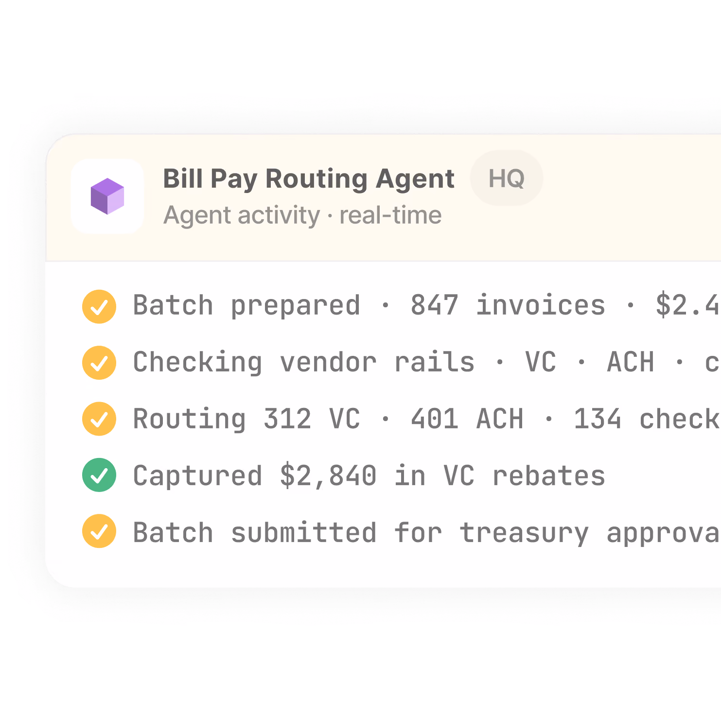 Bill Pay Routing Agent dashboard showing batch preparation, routing, captured rebates, and treasury approval status.