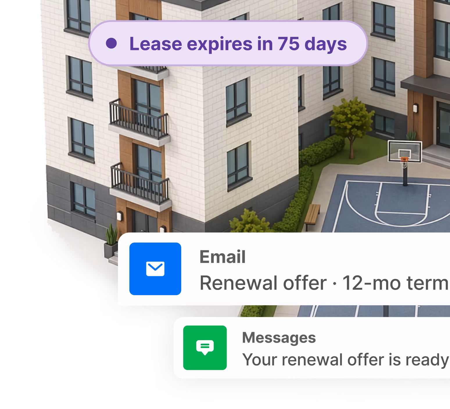 Apartment building with notice: Lease expires in 75 days, email and message renewal offers shown.