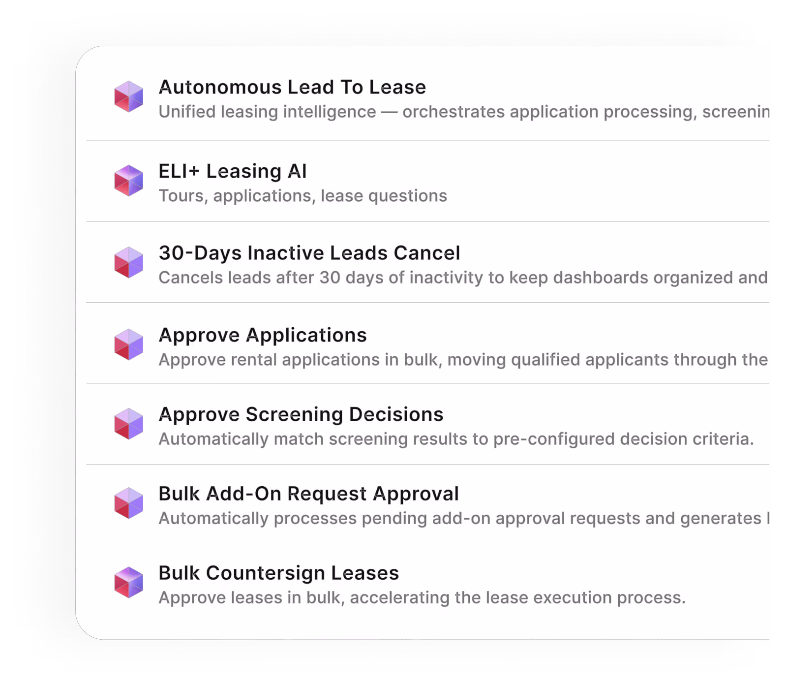 List of leasing AI features with brief descriptions, including autonomous lead to lease and bulk countersign leases.